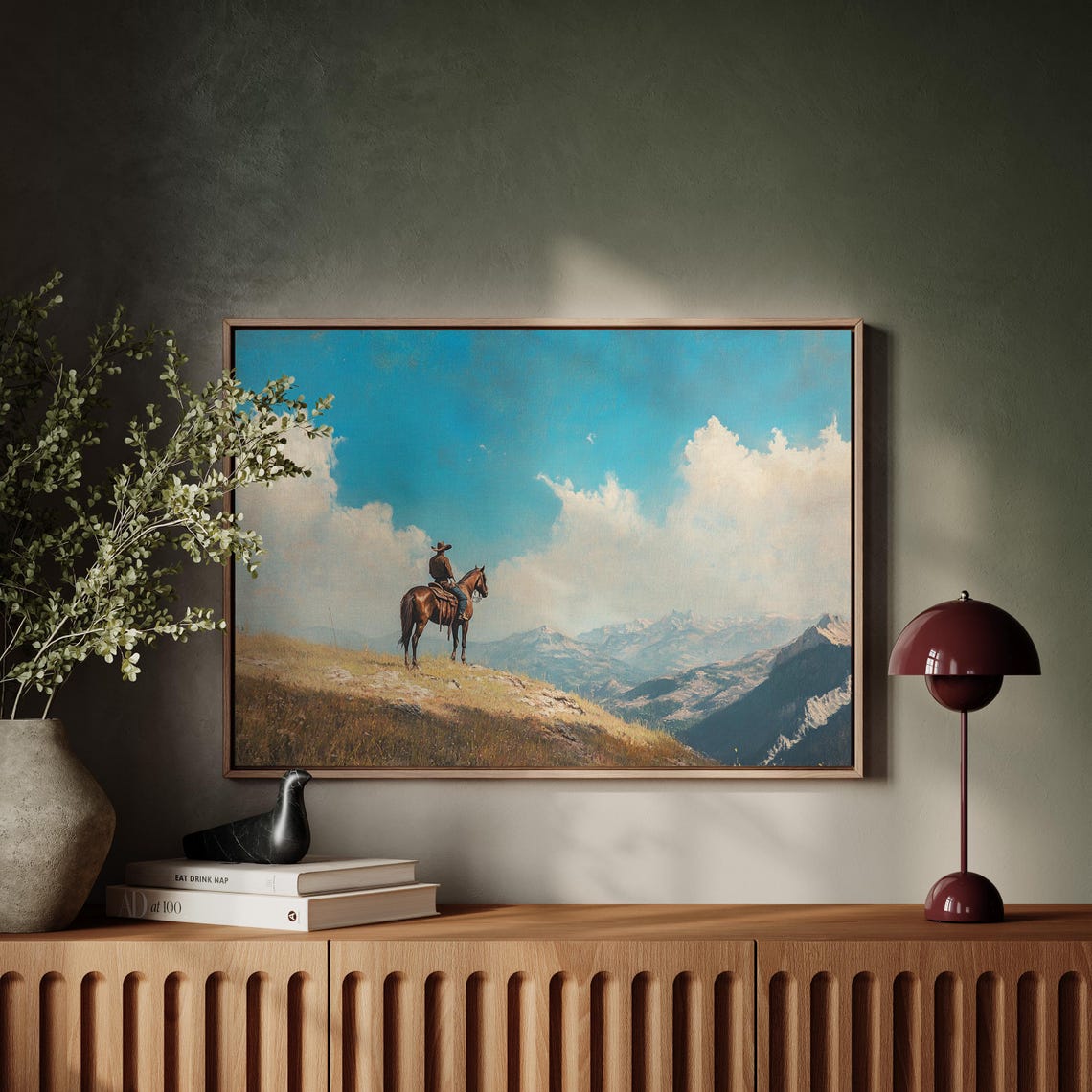 Lone Cowboy on Horseback Overlooking Mountain Range Art Poster - Image 7