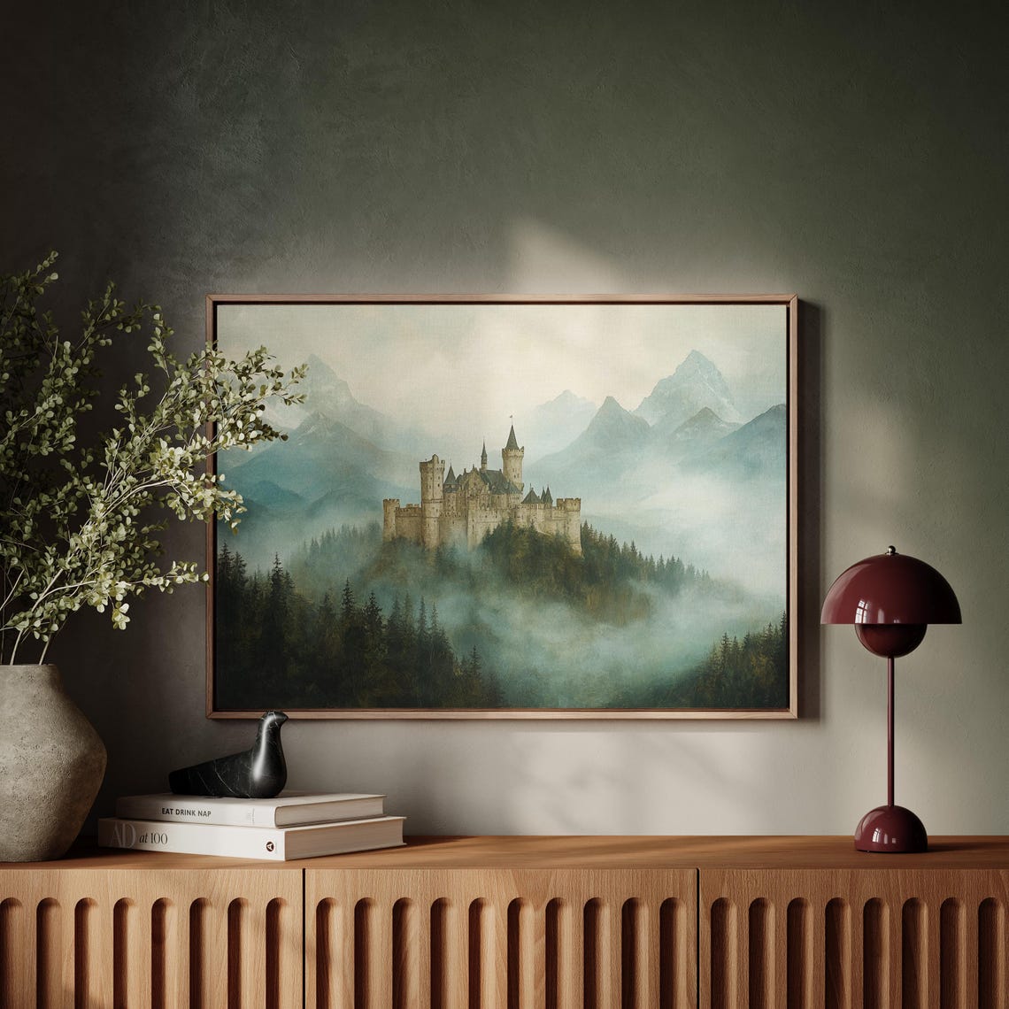 Medieval Castle on a Misty Hilltop with Alpine Peaks Fantasy Poster - Image 4