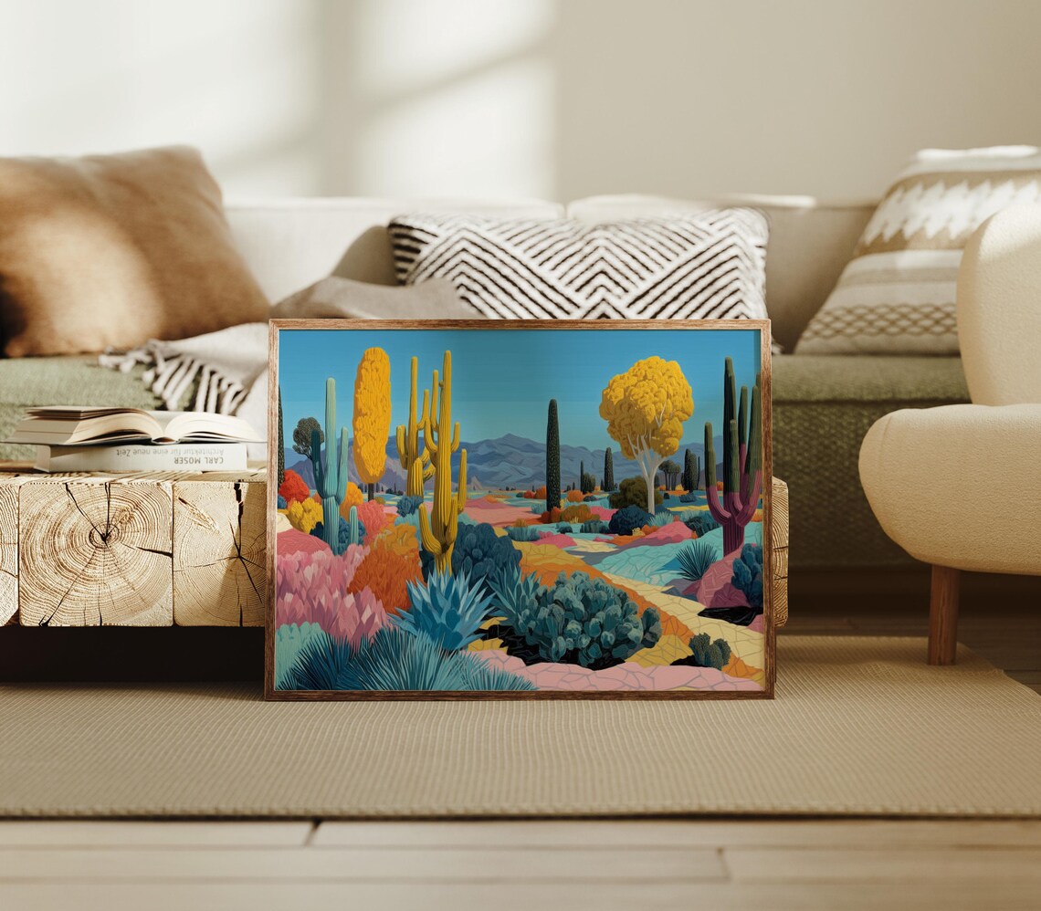 Colorful Desert Cactus Landscape Art Golden Trees Blue Sky Poster