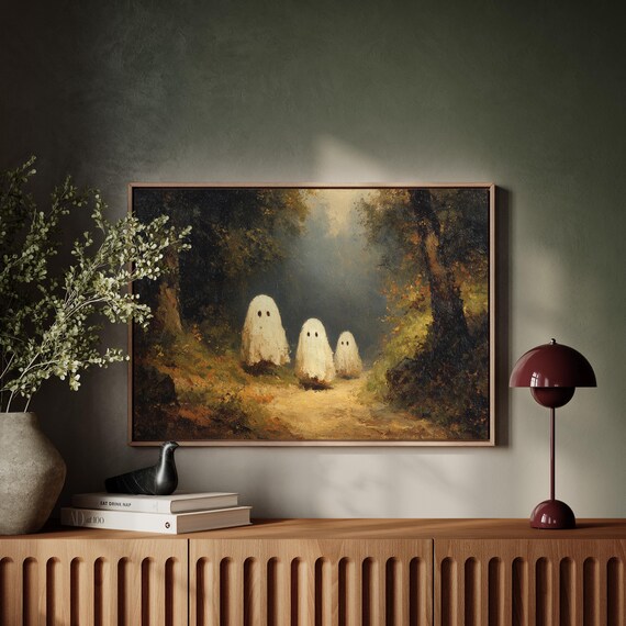Three Cute Ghosts on Dark Forest Path Whimsical Halloween Poster