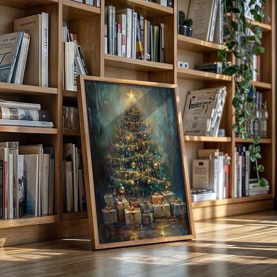 Vintage Glowing Christmas Tree With Gold Ornaments And Gifts Poster
