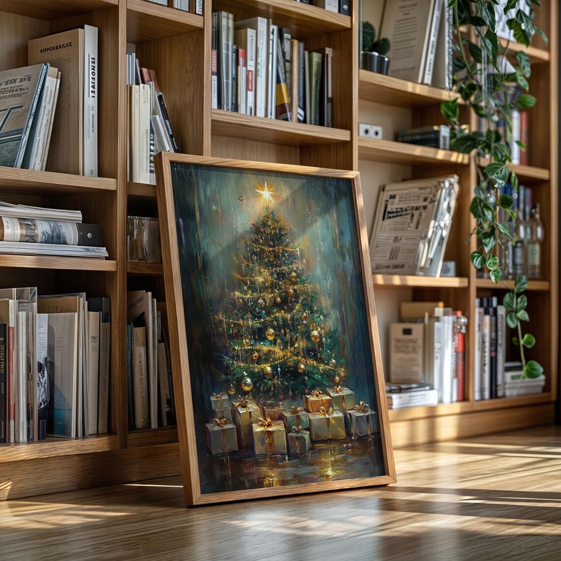 Vintage Glowing Christmas Tree With Gold Ornaments And Gifts Poster