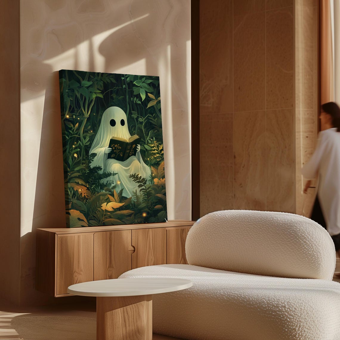 Cute Ghost Reading Book In Lush Forest With Fireflies Wall Art - Image 4