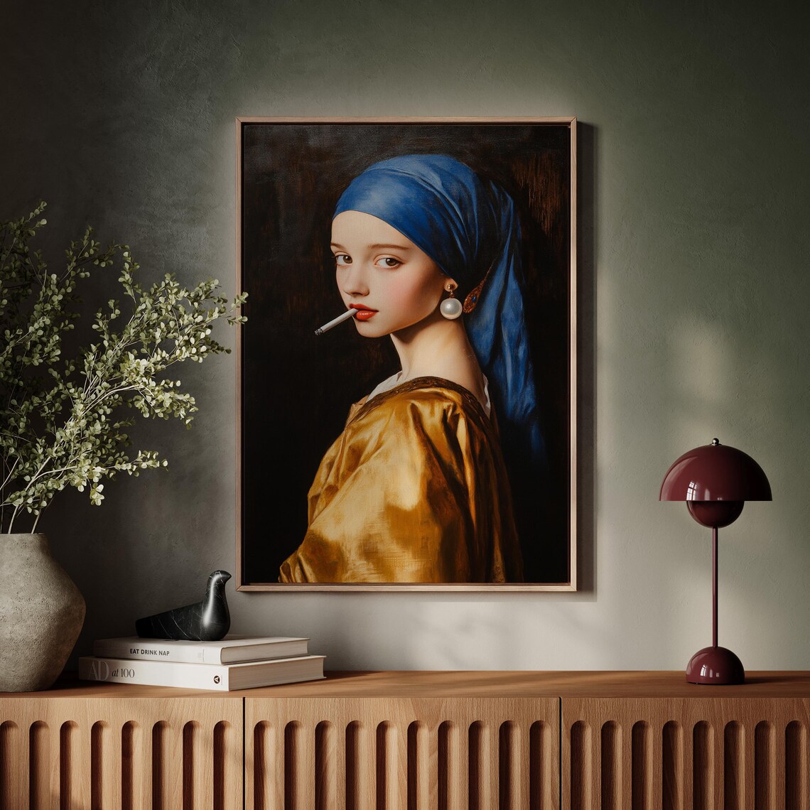 Girl With Pearl Earring Smoking Edgy Pop Art Parody Painting Poster - Image 7