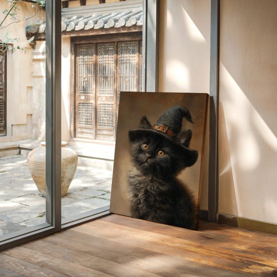 Black Kitten In Witch Hat Cute Halloween Wall Art