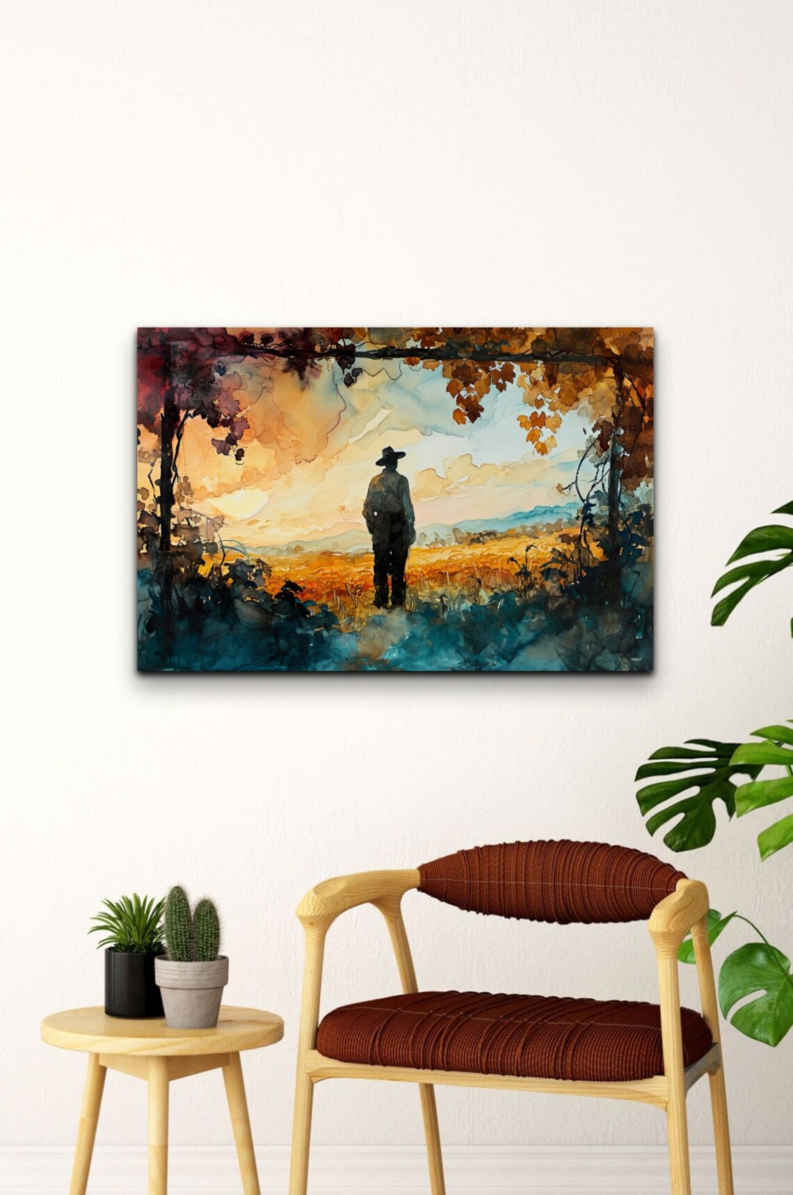 Tuscan Vineyard Sunset Watercolor Lone Figure Landscape Wall Art - Image 6