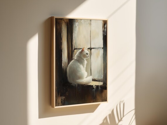 White Cat by a Dark Window Moody Vintage Animal Painting Poster