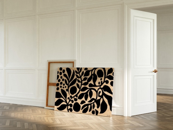 Black Botanical Leaf Silhouette Pattern Tan Modern Minimalist Wall Art