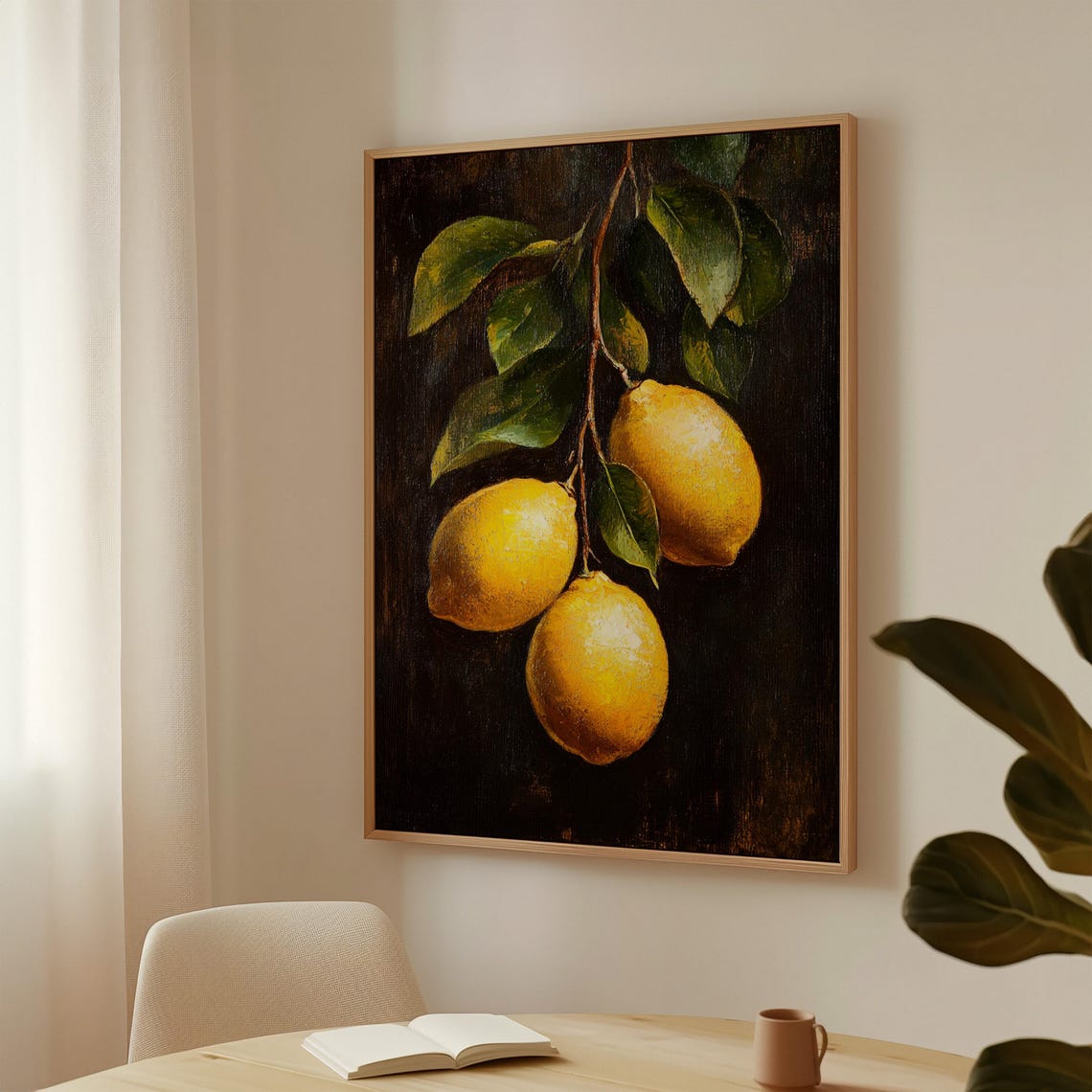 Three Bright Lemons Branch Dark Moody Still Life Oil Painting Poster - Image 2