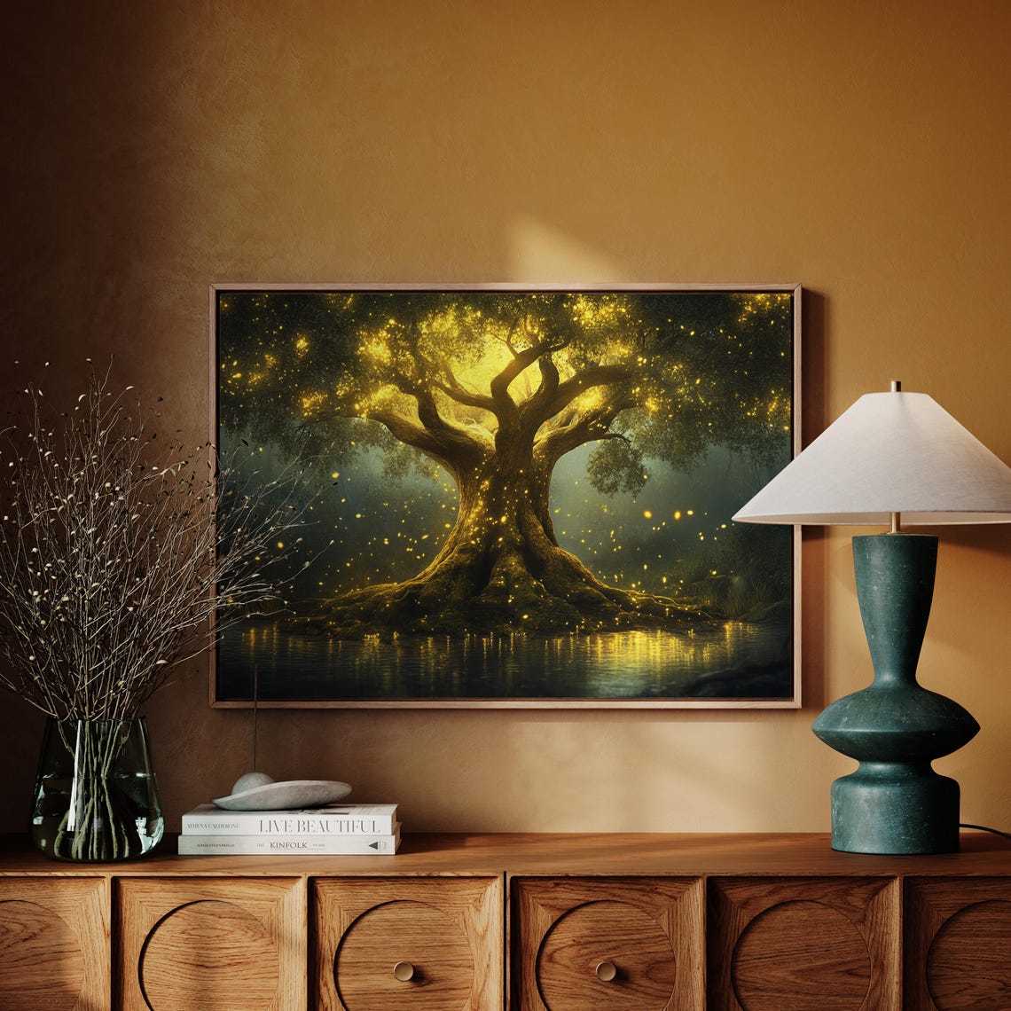 Glowing Golden Tree Of Life With Fireflies Over Dark Water Art Poster