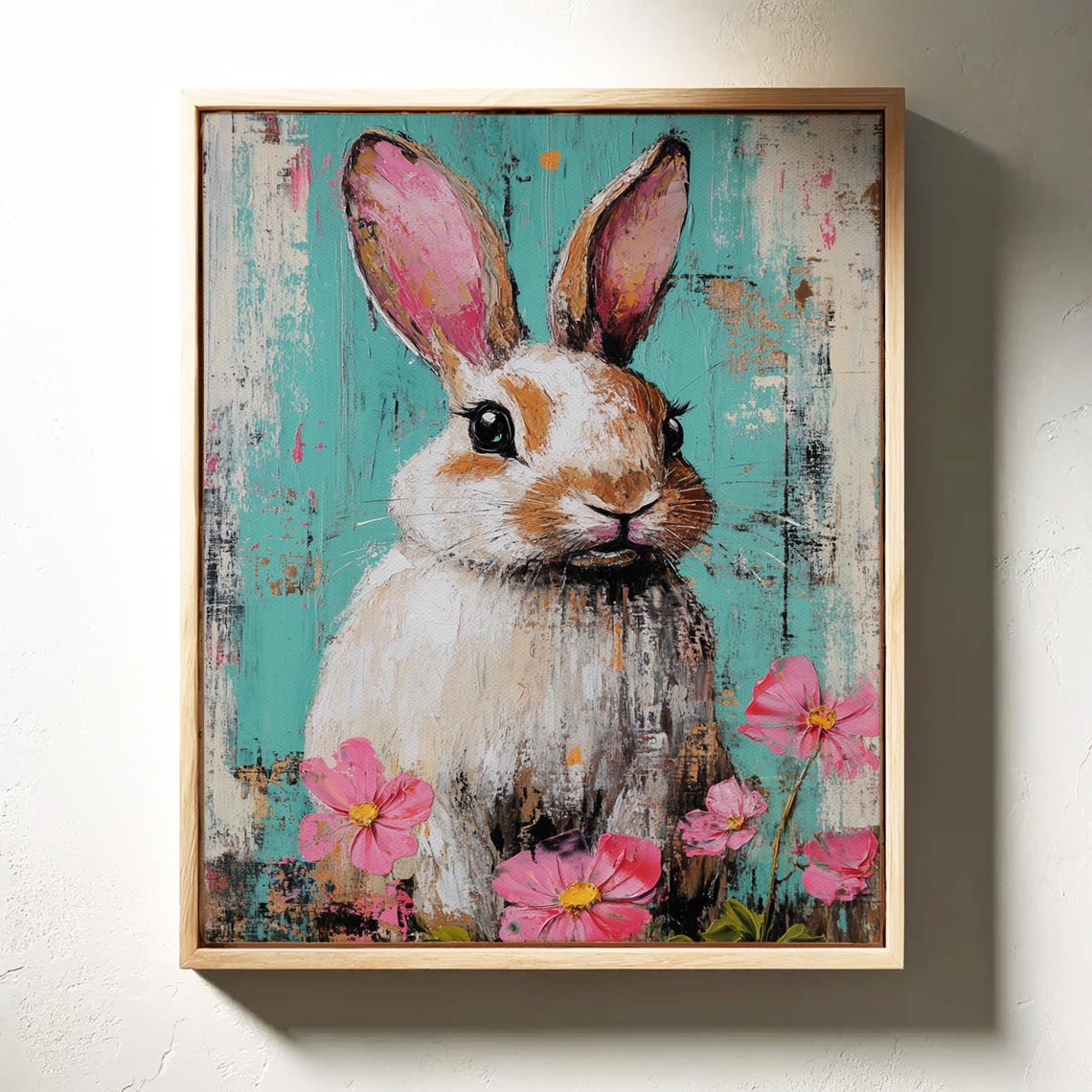 Whimsical Bunny Portrait With Pink Flowers on Teal Background Poster - Image 5