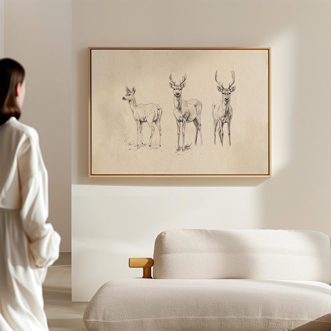 Minimalist Ink Sketch of Three Deer on Warm Linen Art Poster - Image 7