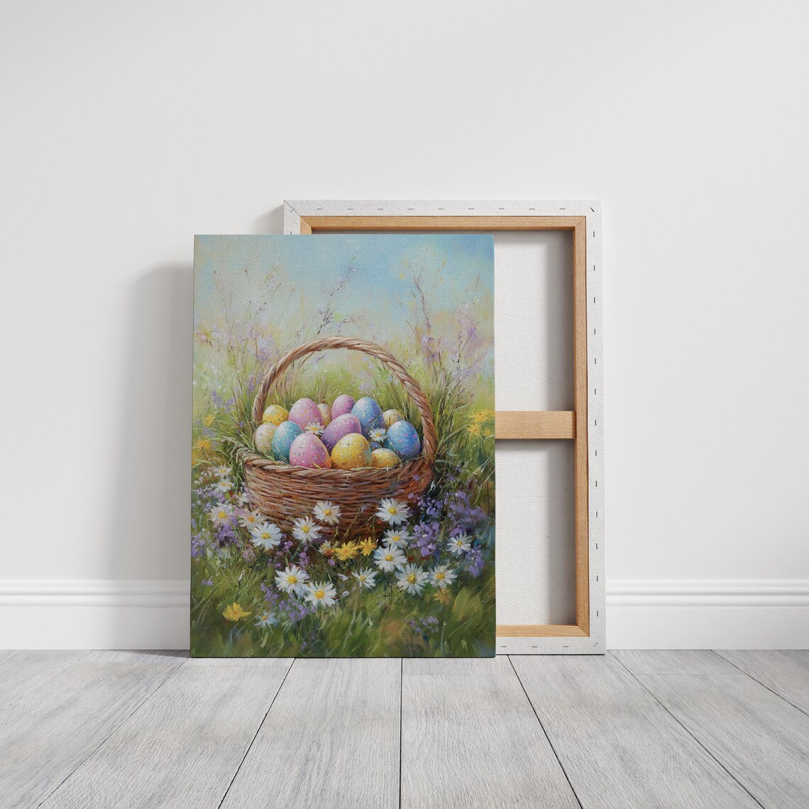 Pastel Easter Eggs In Wildflower Basket, Spring Meadow Painting - Image 3