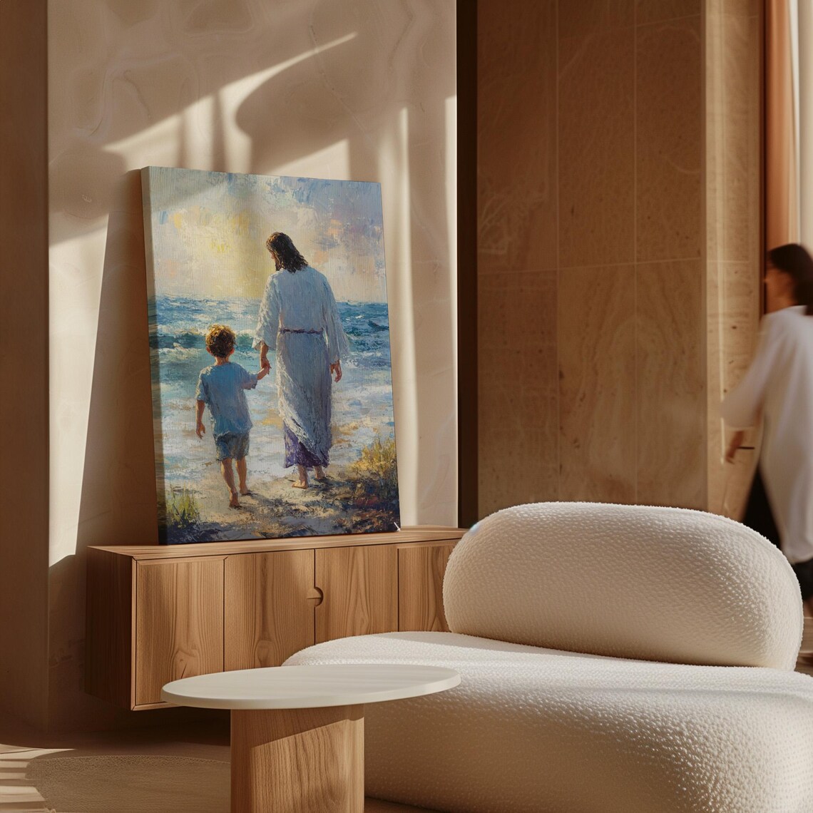 Jesus Holding Hand Of Child Walking Beach Christian Painting Poster - Image 7