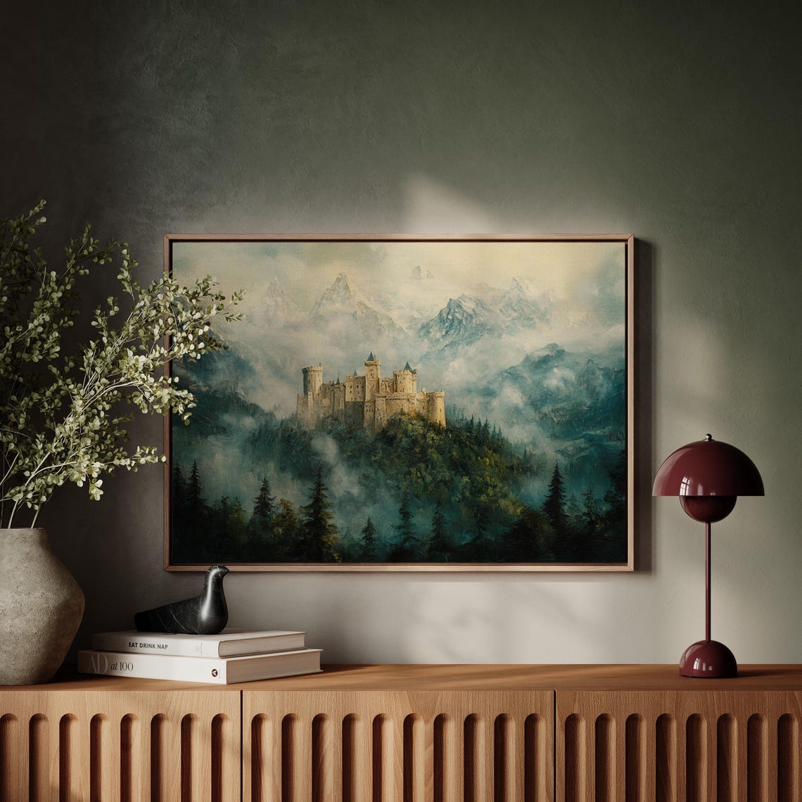 Medieval Castle on a Hill Above Mist with Snowy Mountain Peaks Poster - Image 5