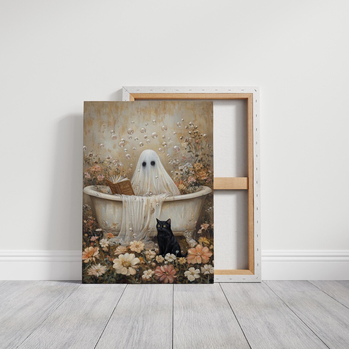 Whimsical Ghost Reading In Vintage Bathtub Floral Cat Halloween Poster - Image 2
