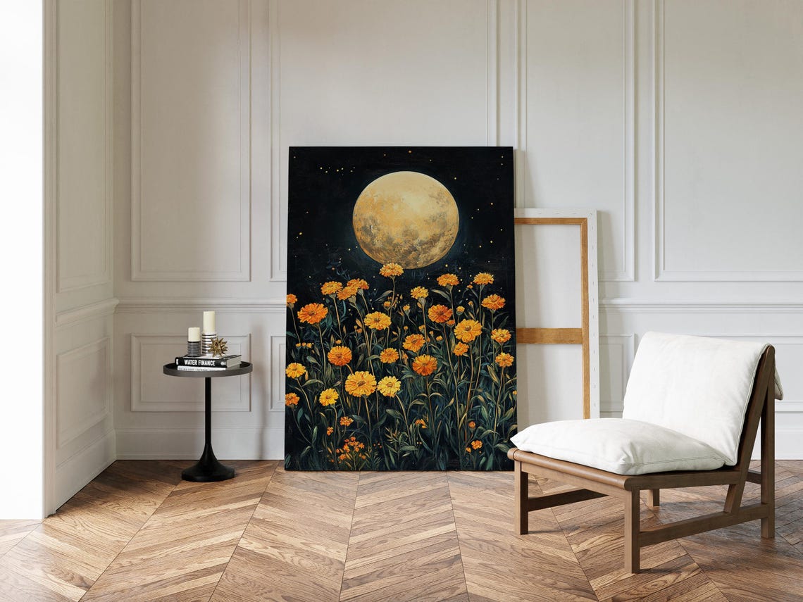 Golden Full Moon Over Marigold Field Starry Night Floral Poster - Image 4