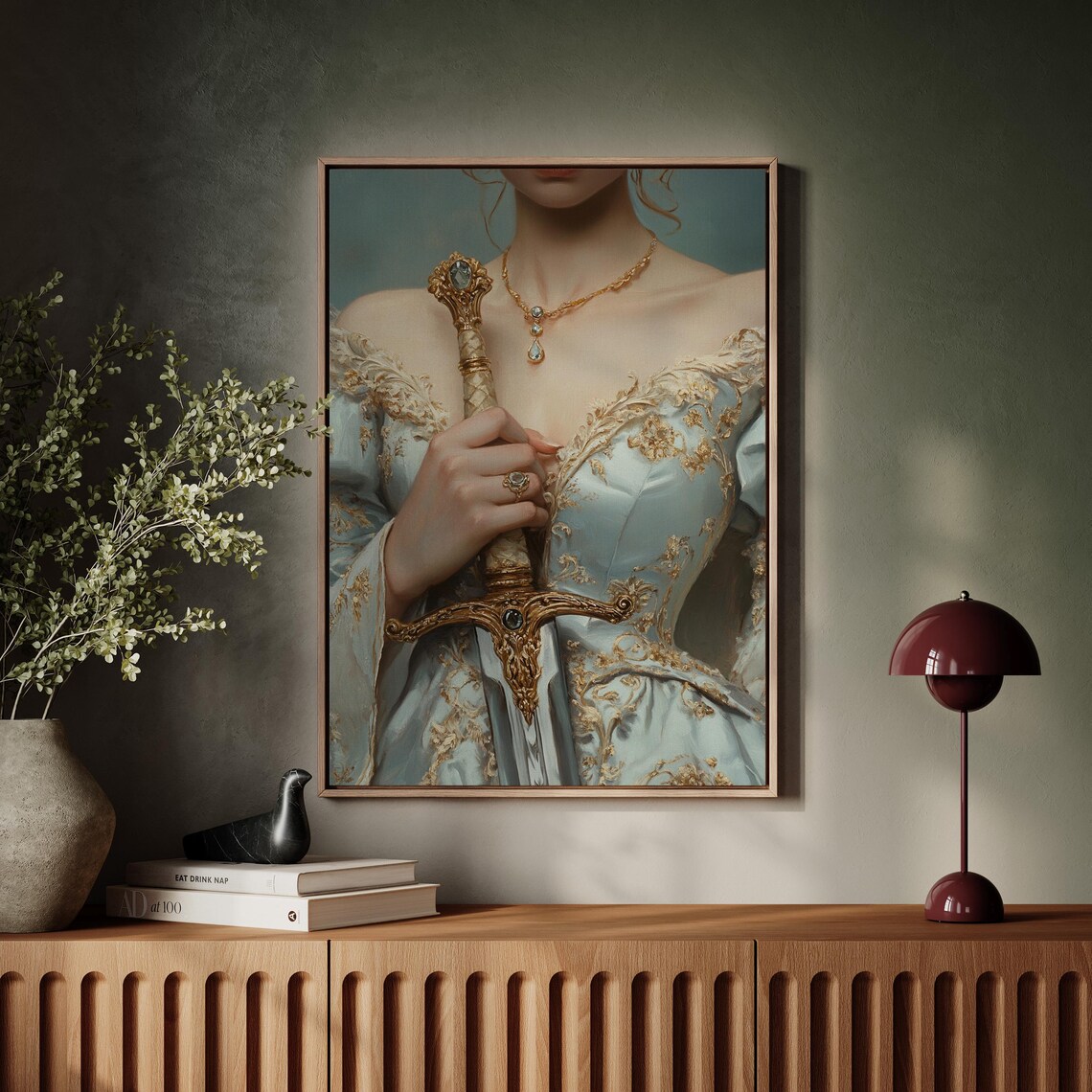 Elegant Woman in Blue Dress Holding Jeweled Sword Close Up Poster - Image 6