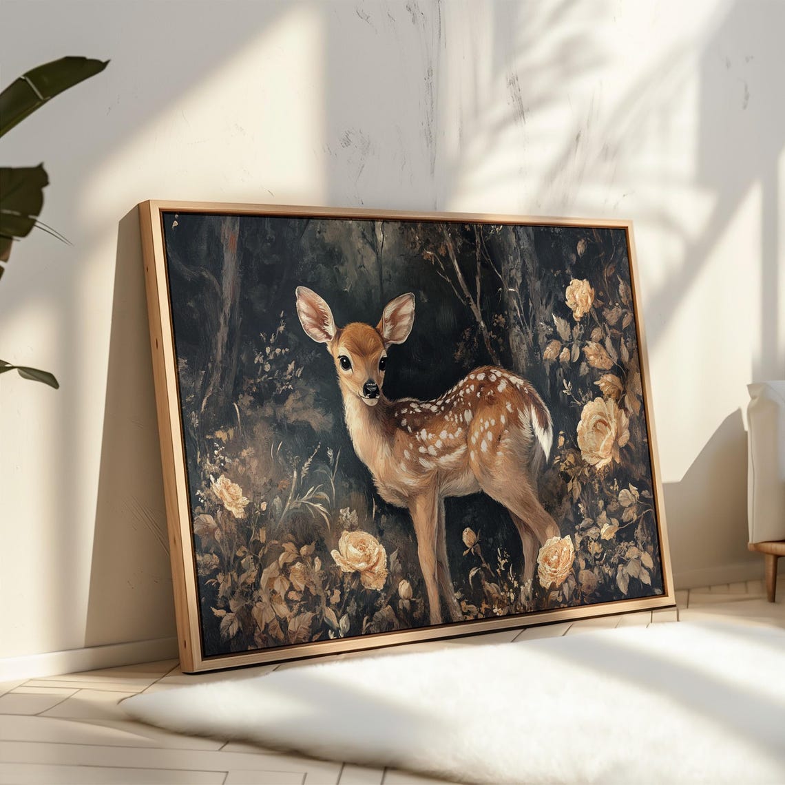 Spotted Fawn In Dark Forest With Golden Roses Artwork Poster - Image 5