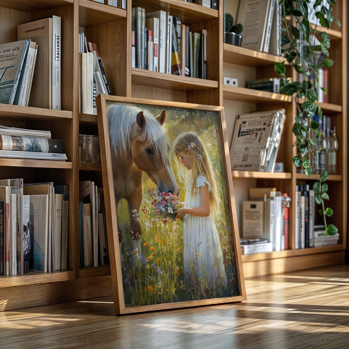 Horse And Girl In Meadow, Whimsical Pastoral Art Print