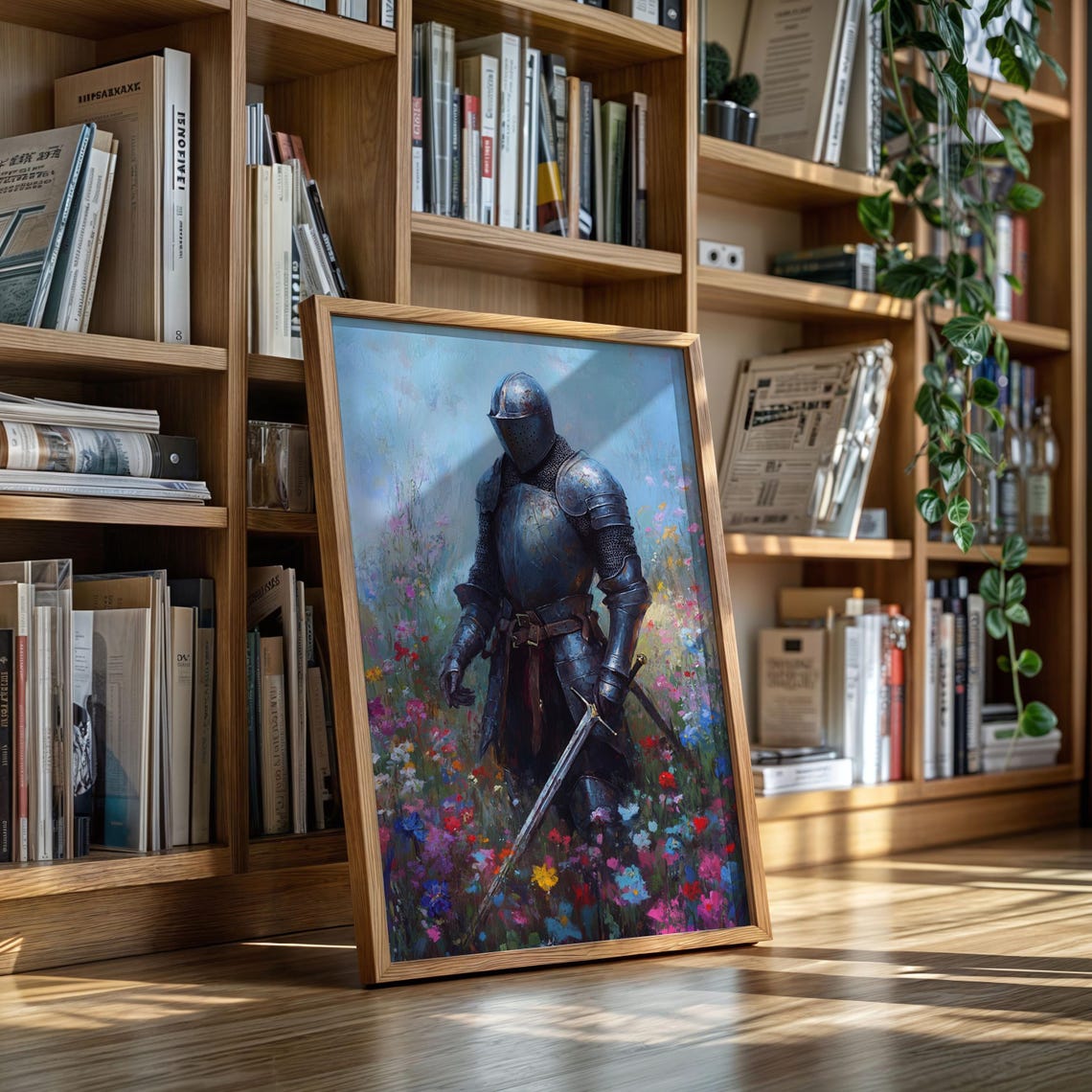 Knight in Blooming Wildflower Field Medieval Armor Fantasy Poster
