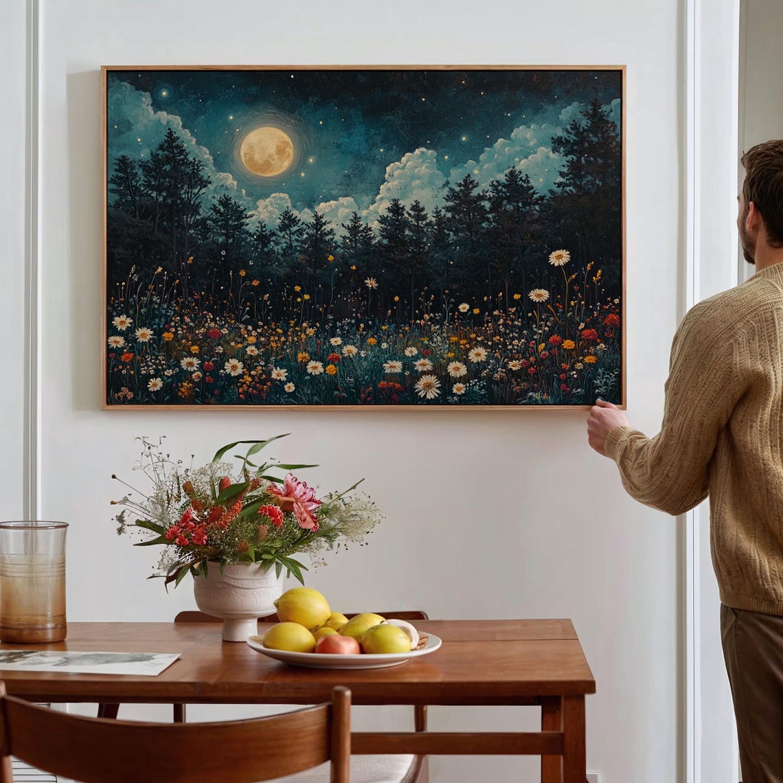 Full Moon Over Moonlit Forest And Wildflower Meadow Night Poster - Image 4