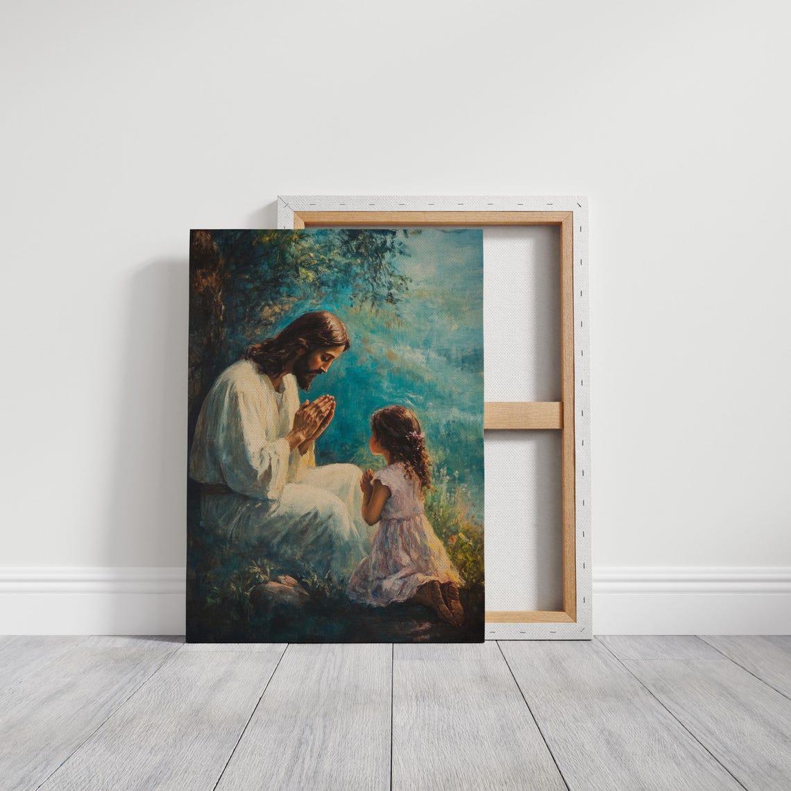 Jesus Kneeling in Prayer With a Little Girl in a Quiet Garden Poster - Image 6