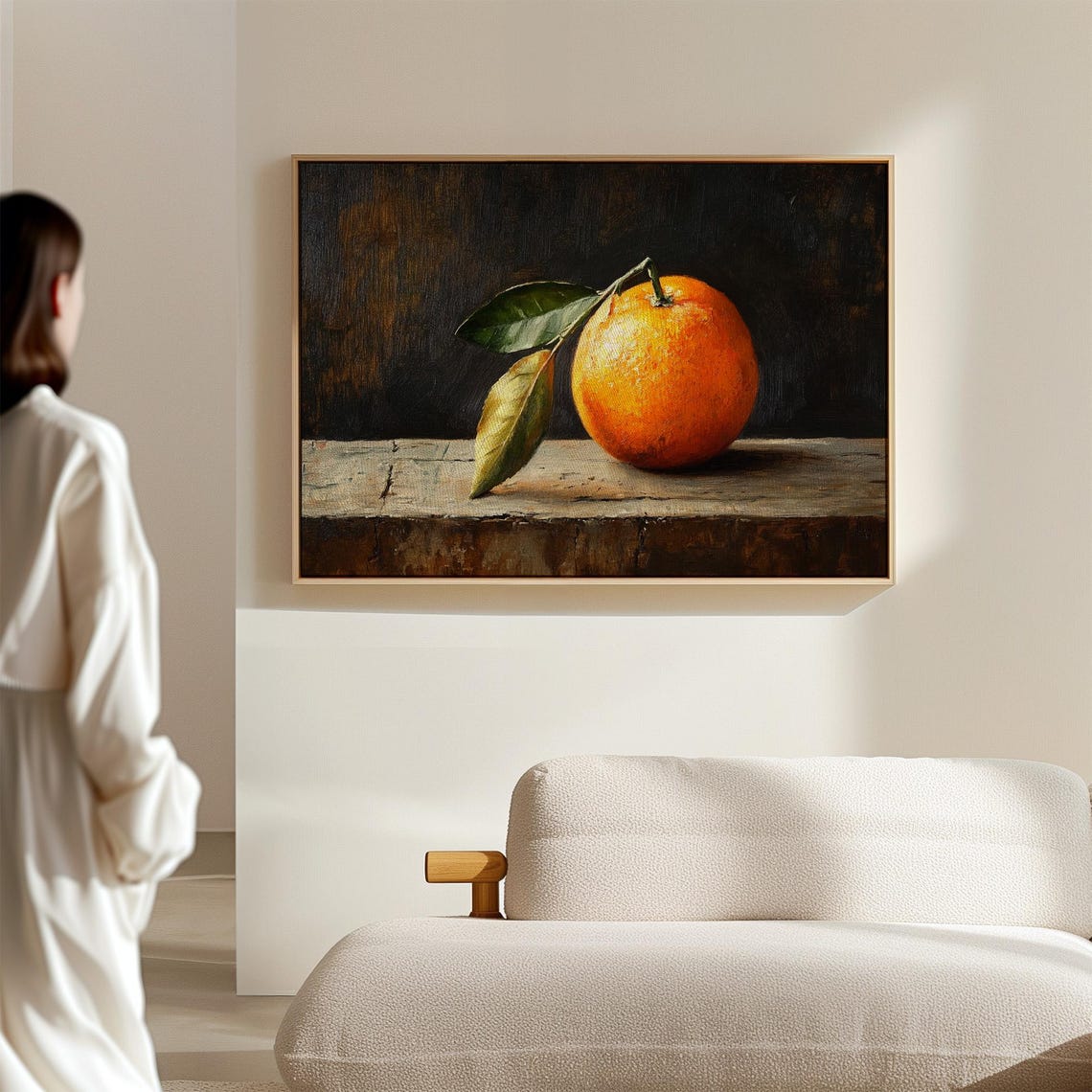 Orange with Leaves on Weathered Wood Dark Still Life Oil Poster - Image 2