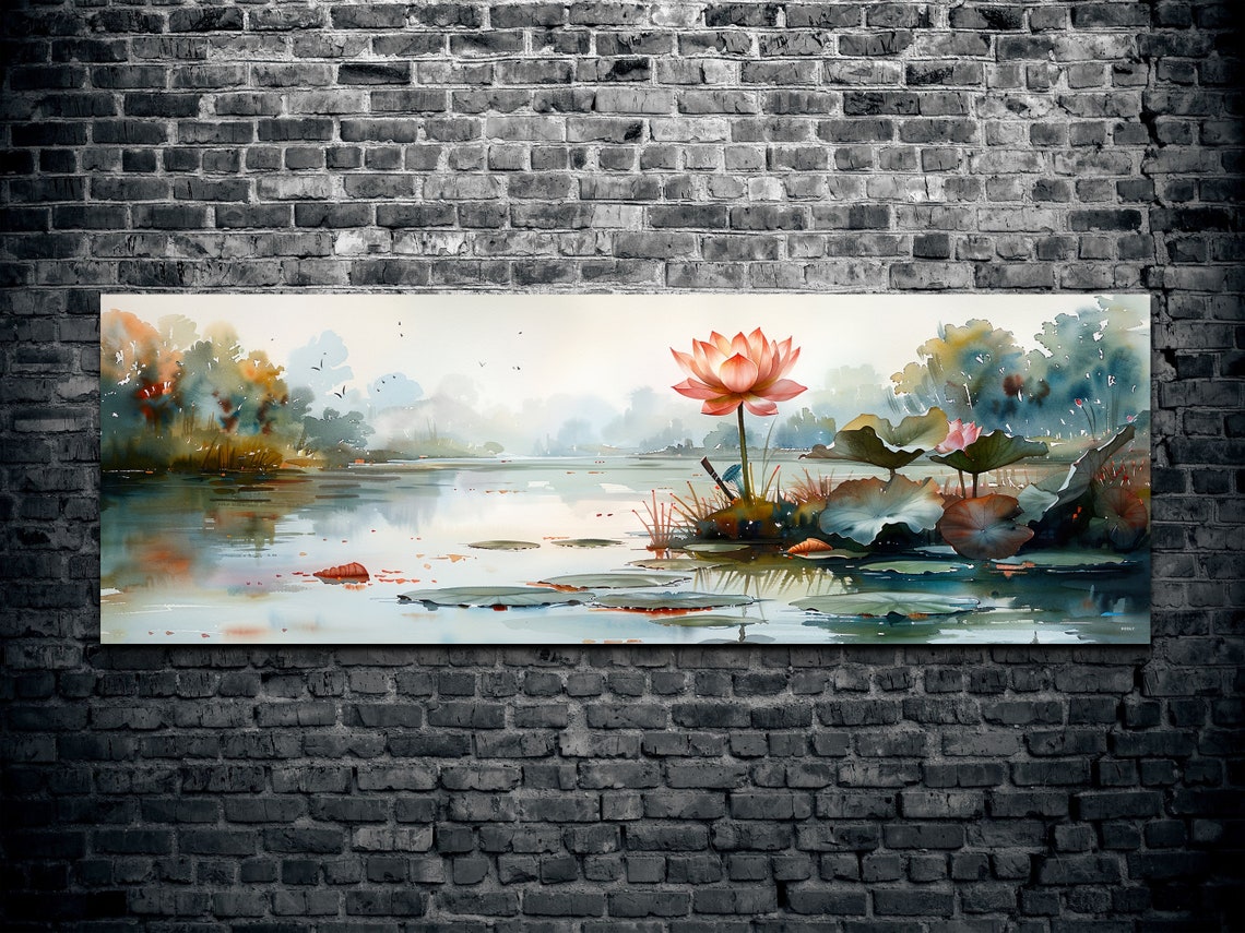 Watercolor Lotus Pond Misty Swamp Panoramic Nature Art Poster - Image 2
