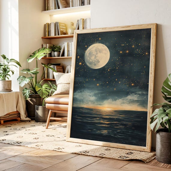 Moon Over Ocean Canvas Dreamy Night Sky With Stars And Reflected Light On Water Celestial Coastal Art For Tranquil Wall Decor