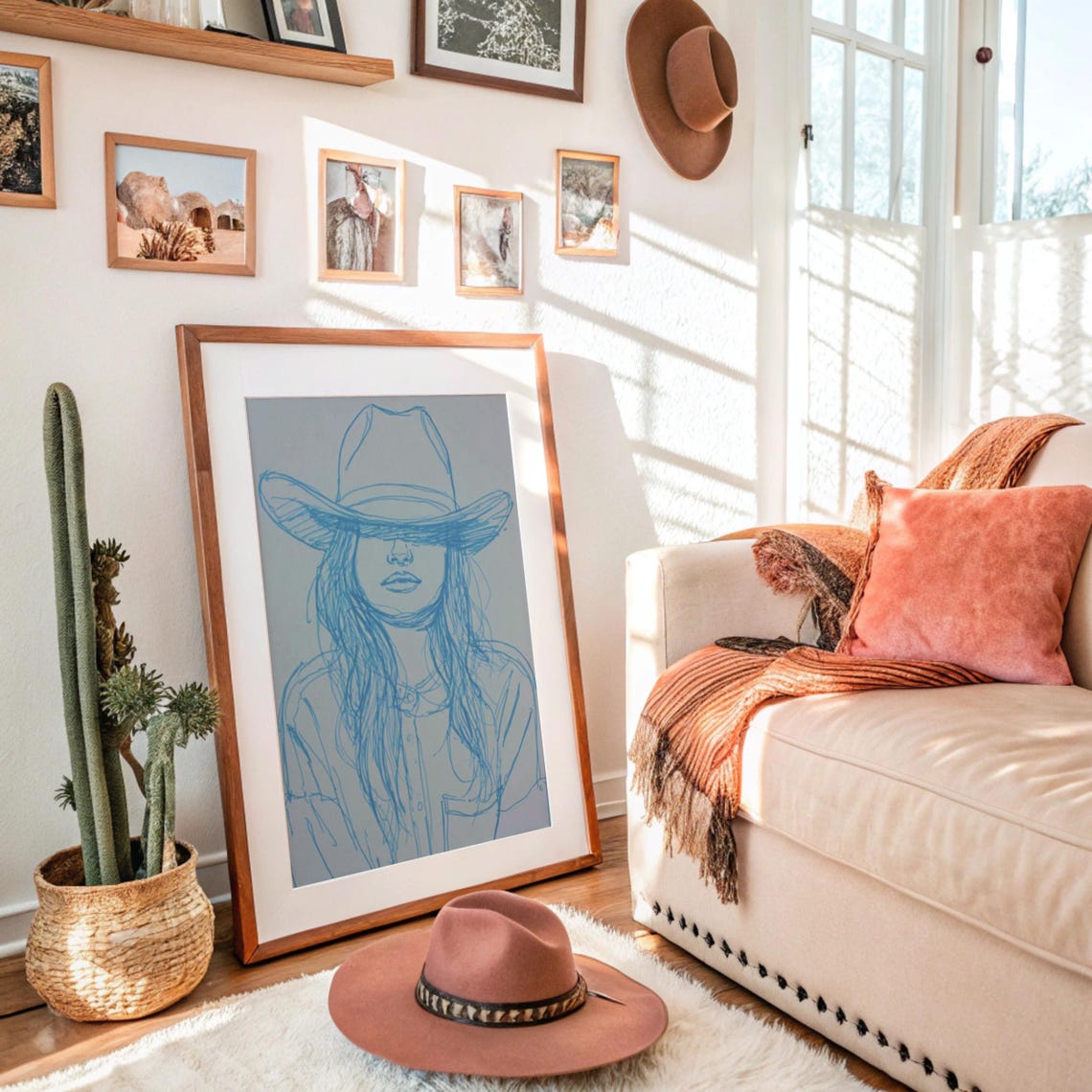 Cowgirl in Cowboy Hat Blue Ink Line Art Portrait Decor Print
