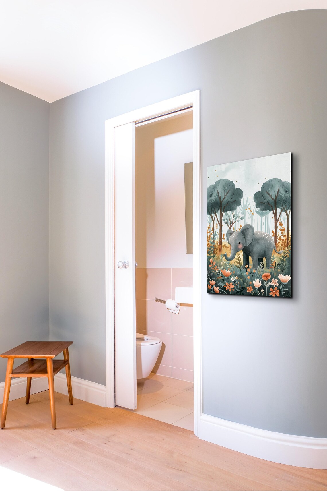 Cute Baby Elephant Watercolor Forest Nursery Kids Room Wall Art - Image 3