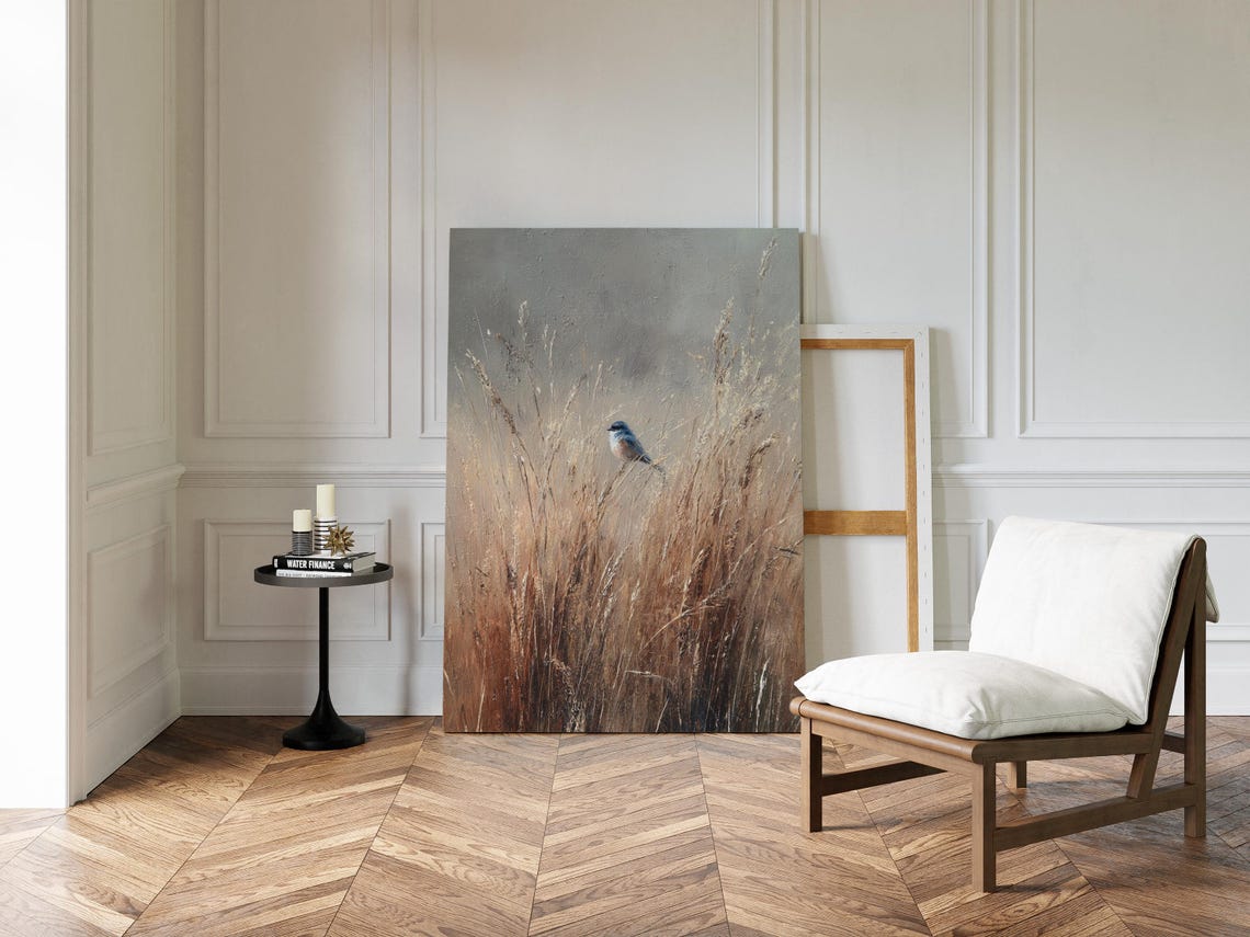 Small Bird Perched In Tall Golden Grass Rustic Nature Poster