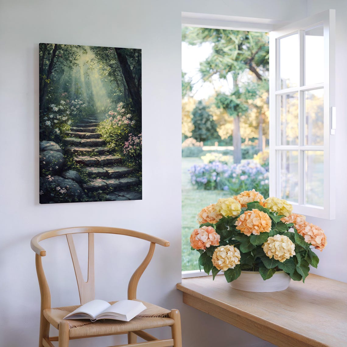 Enchanted Forest Path Wall Art Serene Stone Steps With Blossoms And Sunlight Print For Nature Inspired Home Decor - Image 6