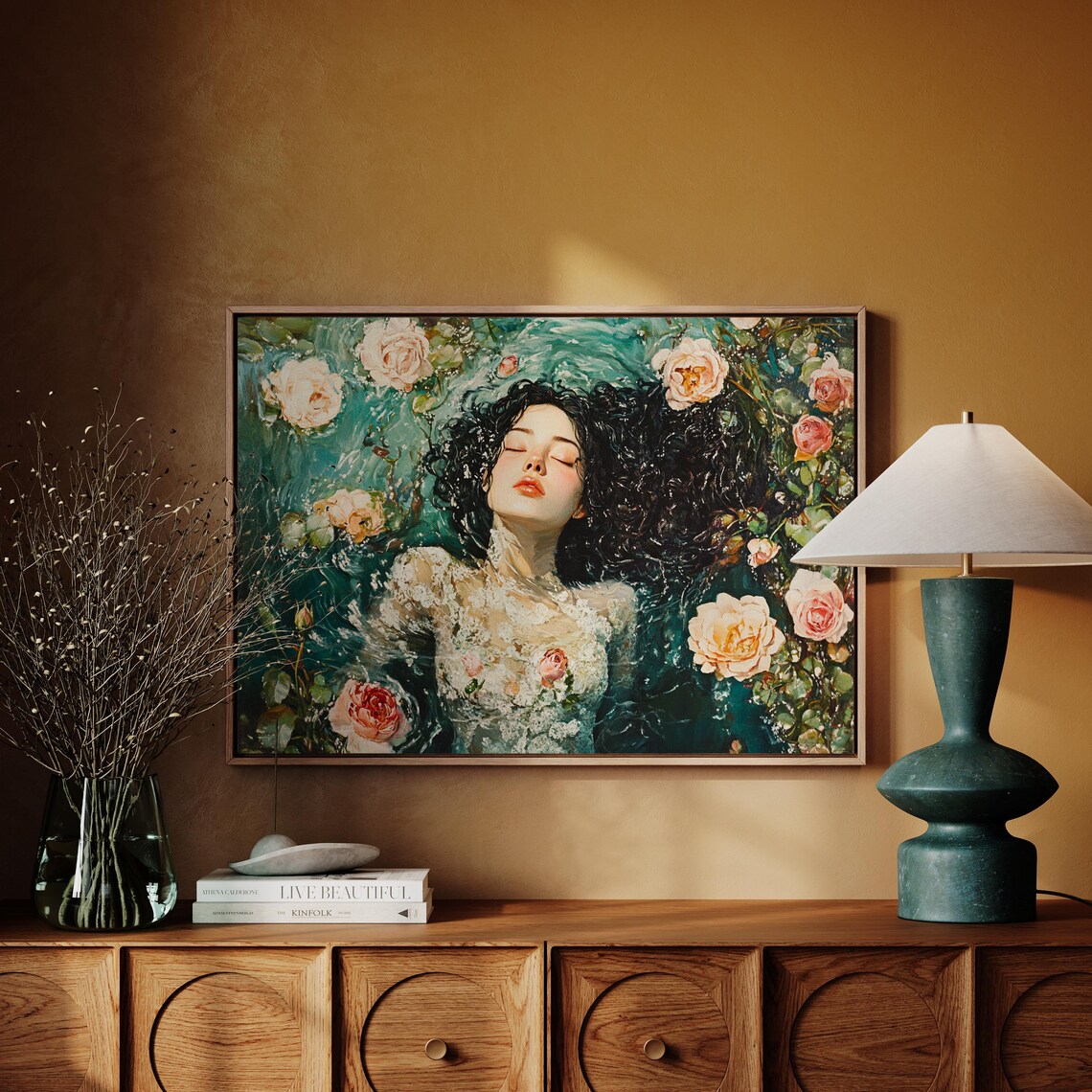 Woman Floating Among Roses Ethereal Dark Floral Water Painting Print - Image 5