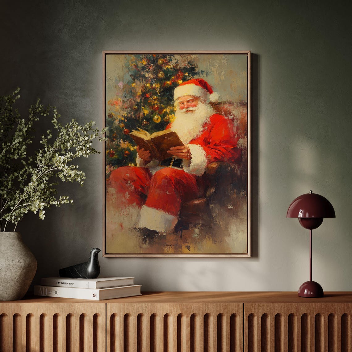 Santa Claus Reading a Book Beside the Christmas Tree Holiday Poster - Image 4