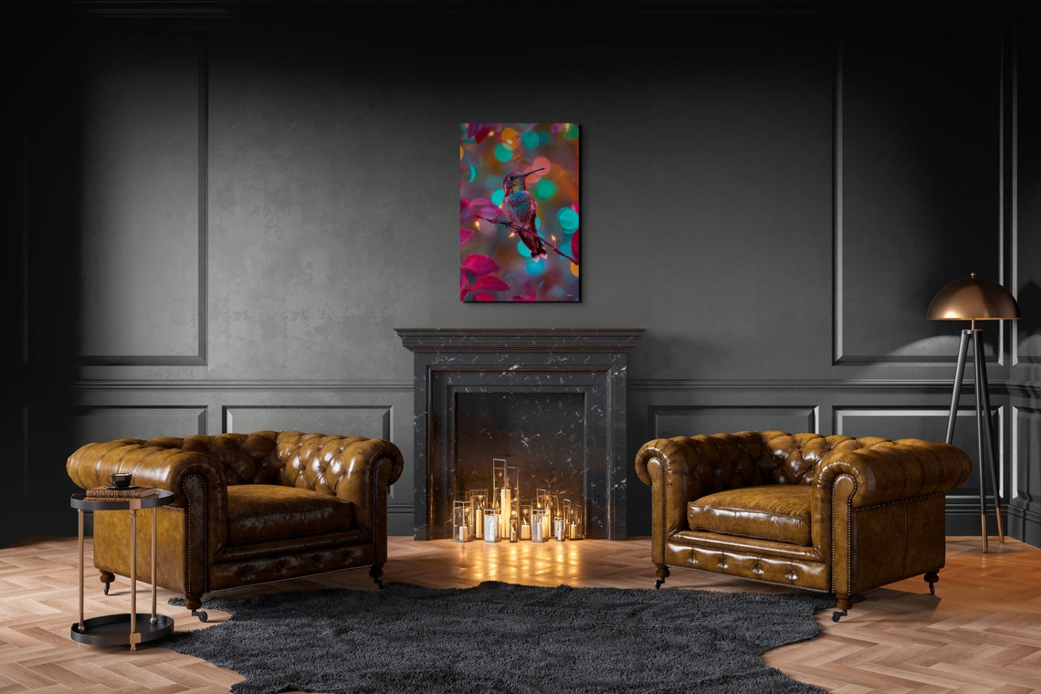 Colorful Hummingbird Perched on Glowing String Lights Poster - Image 6