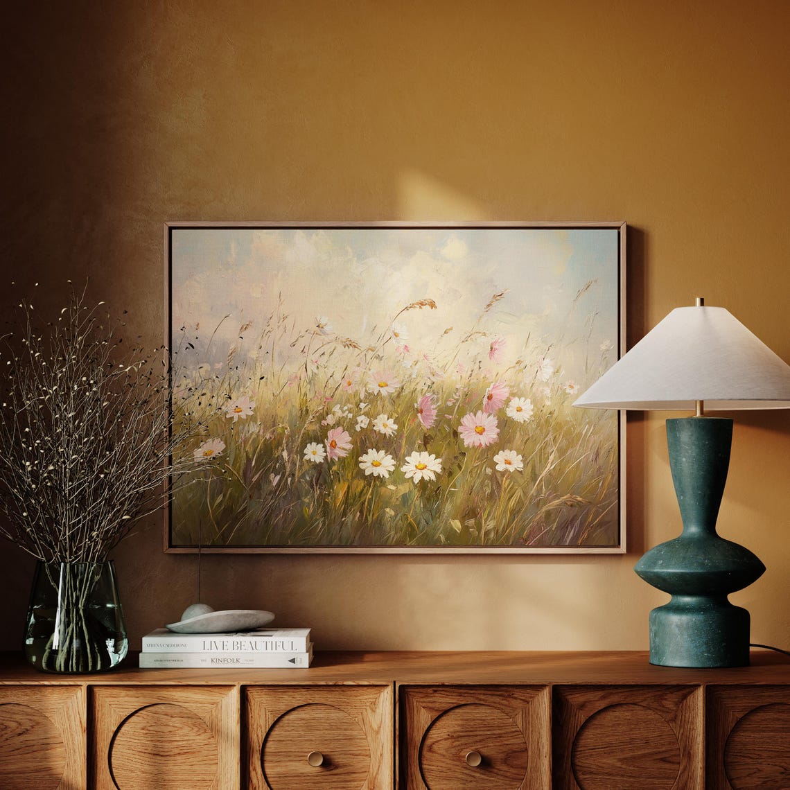 Pink Cosmos And White Daisies In Golden Meadow Light Wall Art - Image 4