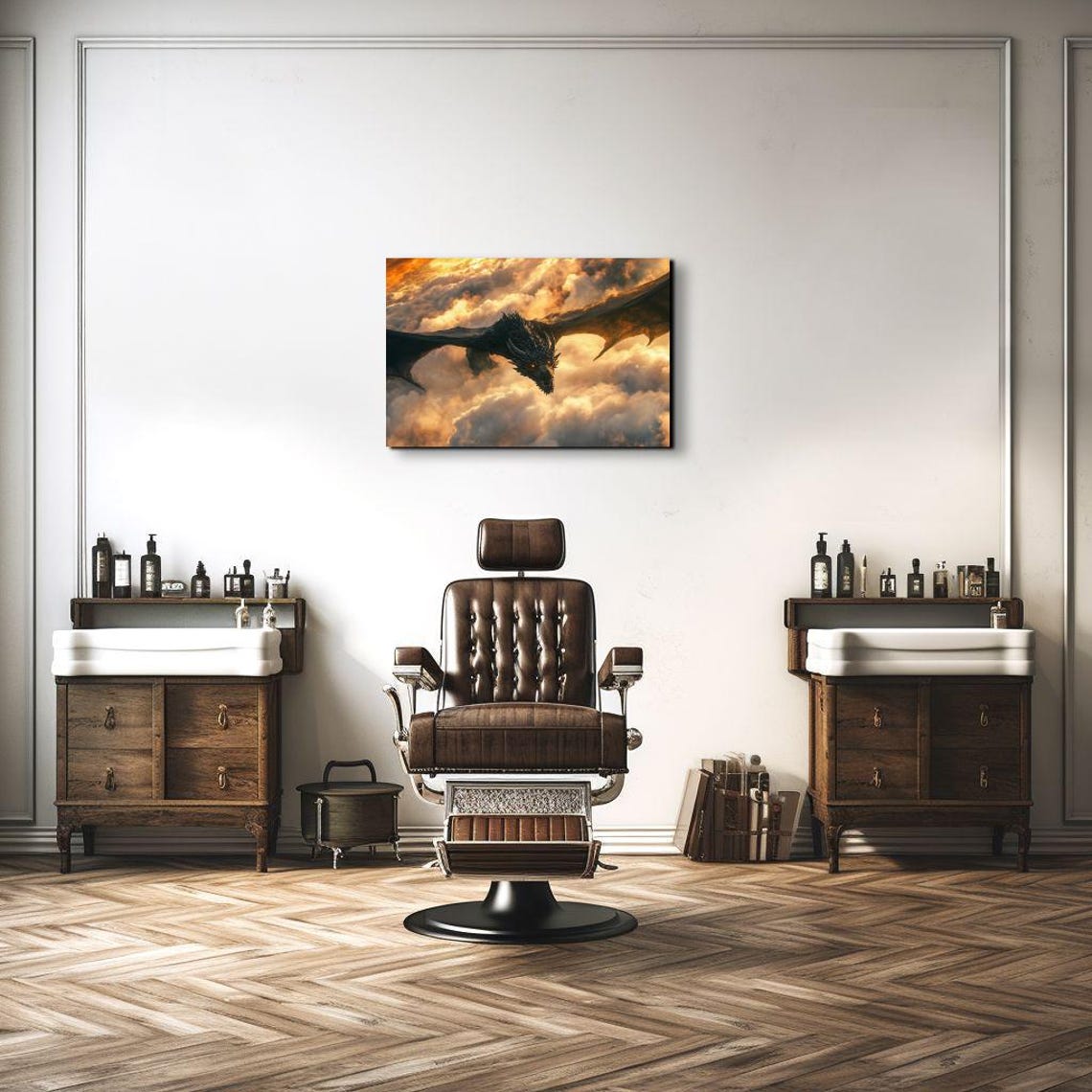 Fierce Black Dragon Soaring Through Golden Storm Clouds Poster - Image 3