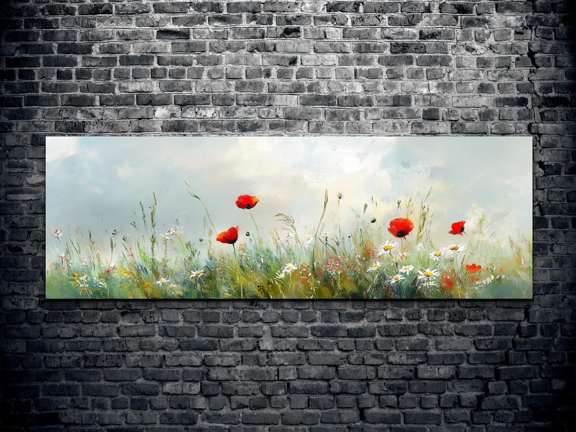 Red Poppies White Daisies Wild Meadow Soft Sky Panoramic Art Poster - Image 2