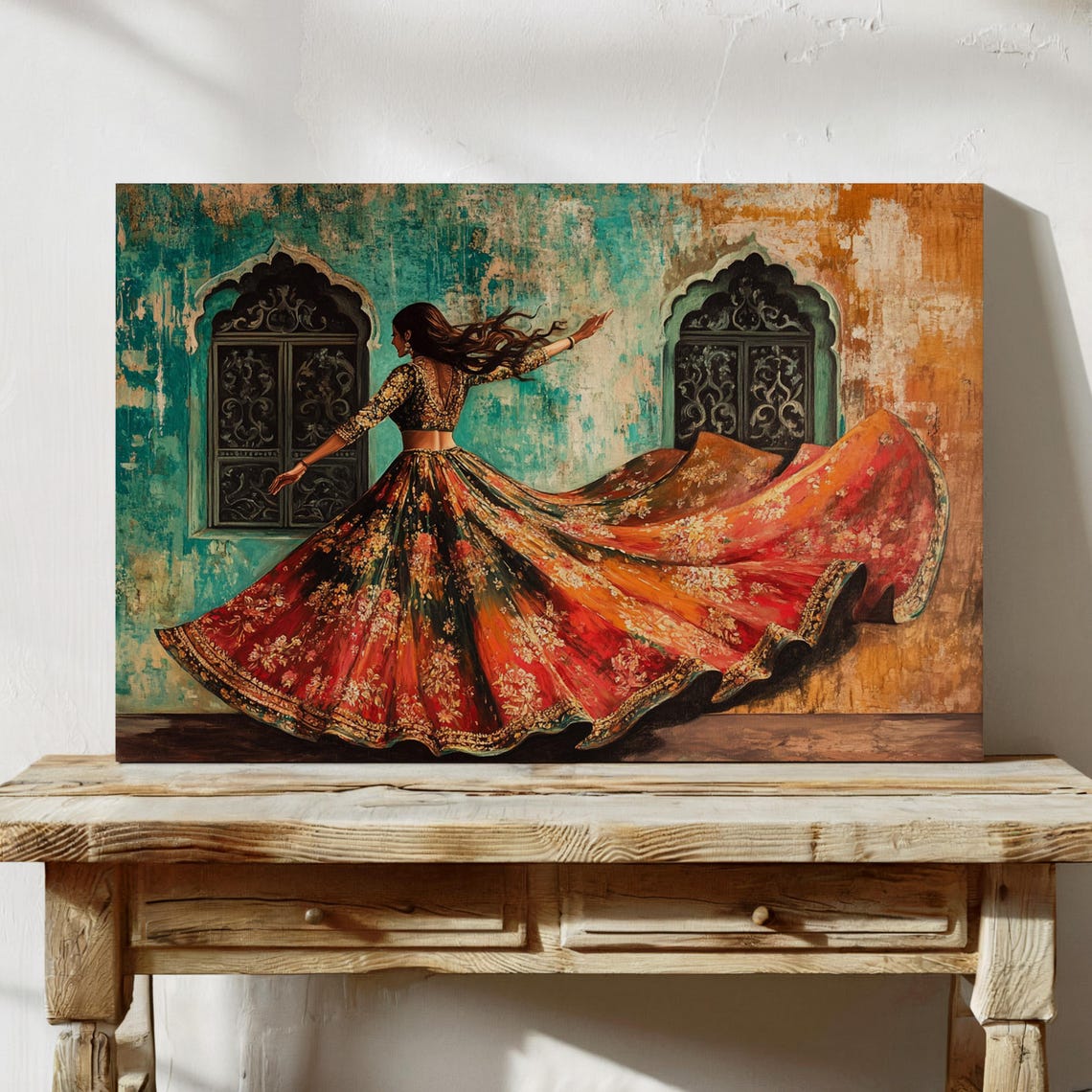 Indian Dance Wall Art Elegant Lehenga Cultural Boho Decor Vibrant Motion Painting Exotic Heritage Artwork - Image 3