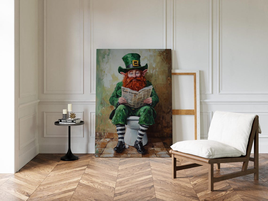Funny Leprechaun Reading Newspaper on Toilet Bathroom Poster - Image 5