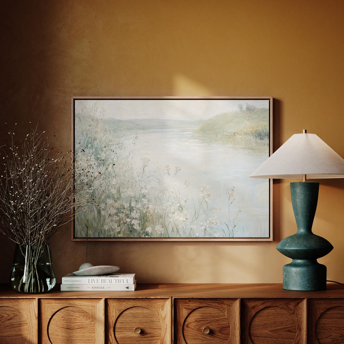 Tranquil Pastel Lake White Wildflowers Minimalist Landscape Poster - Image 4
