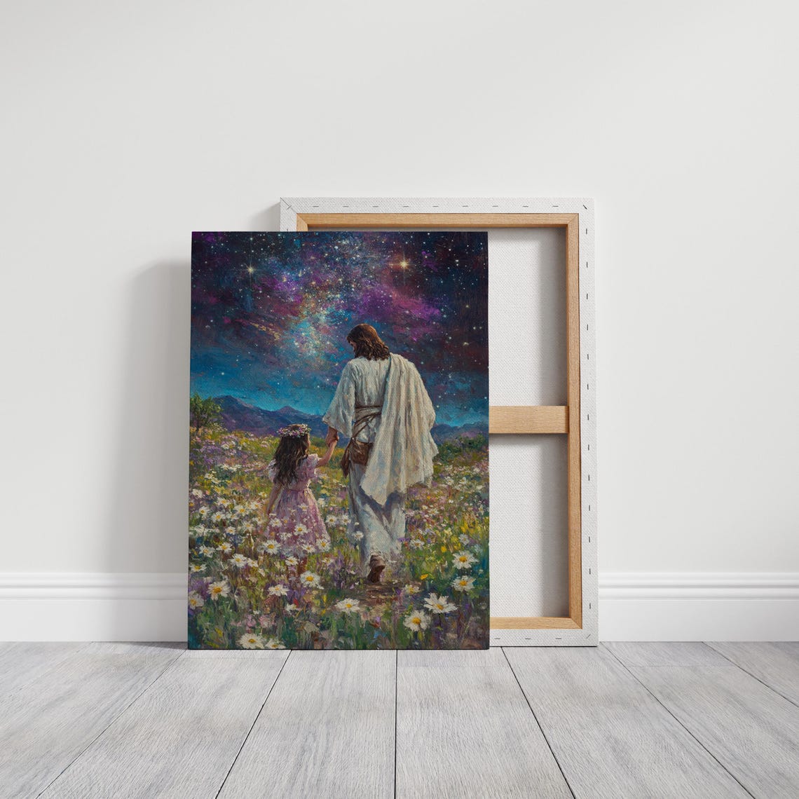 Jesus Holding Child's Hand Under Starry Night Sky Christian Poster - Image 6