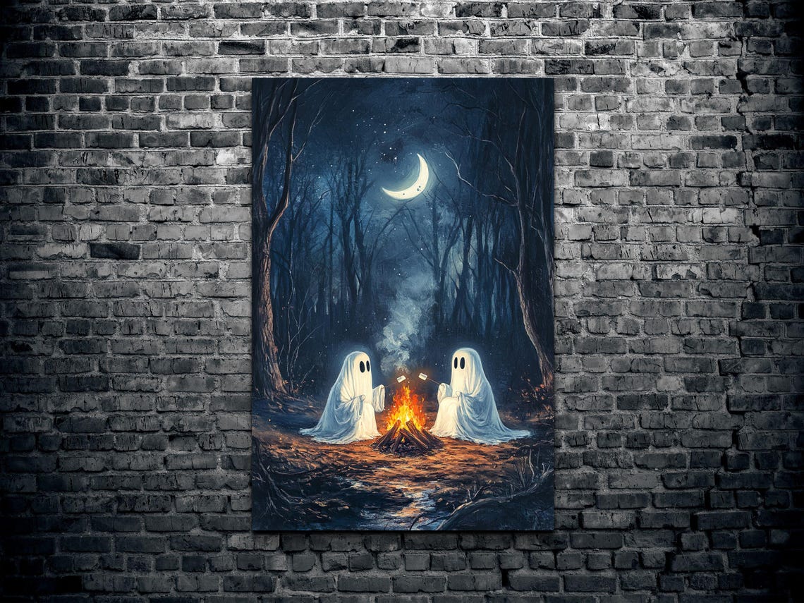 The Original Victorian Cute Ghosts Roasting Marshmellows Ready To Hang Wall Art Print Halloween Wall Art Spooky Season Art - Image 2