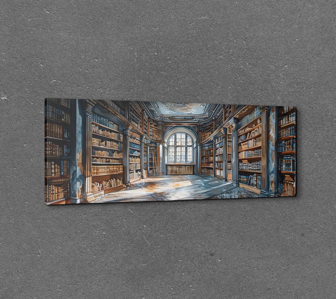 Grand Marble Library Hall Tall Bookshelves Panoramic Wall Art - Image 3