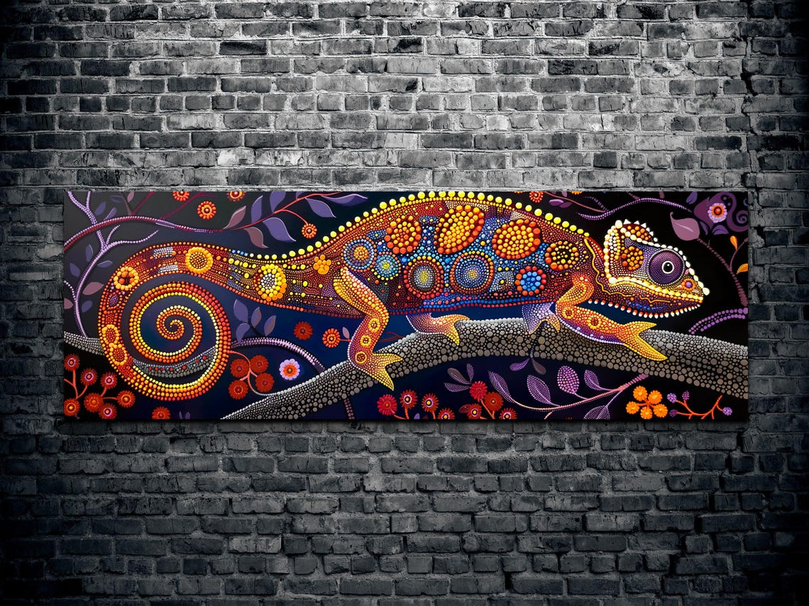 Colorful Chameleon Aboriginal Dot Painting Panoramic Lizard Poster - Image 2