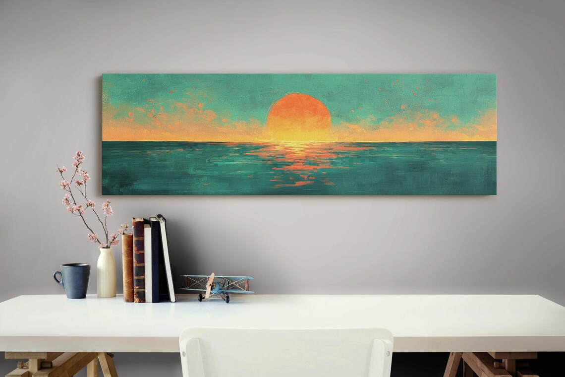 Vibrant Teal And Orange Ocean Sunset Large Sun Horizon Painterly Poster - Image 4