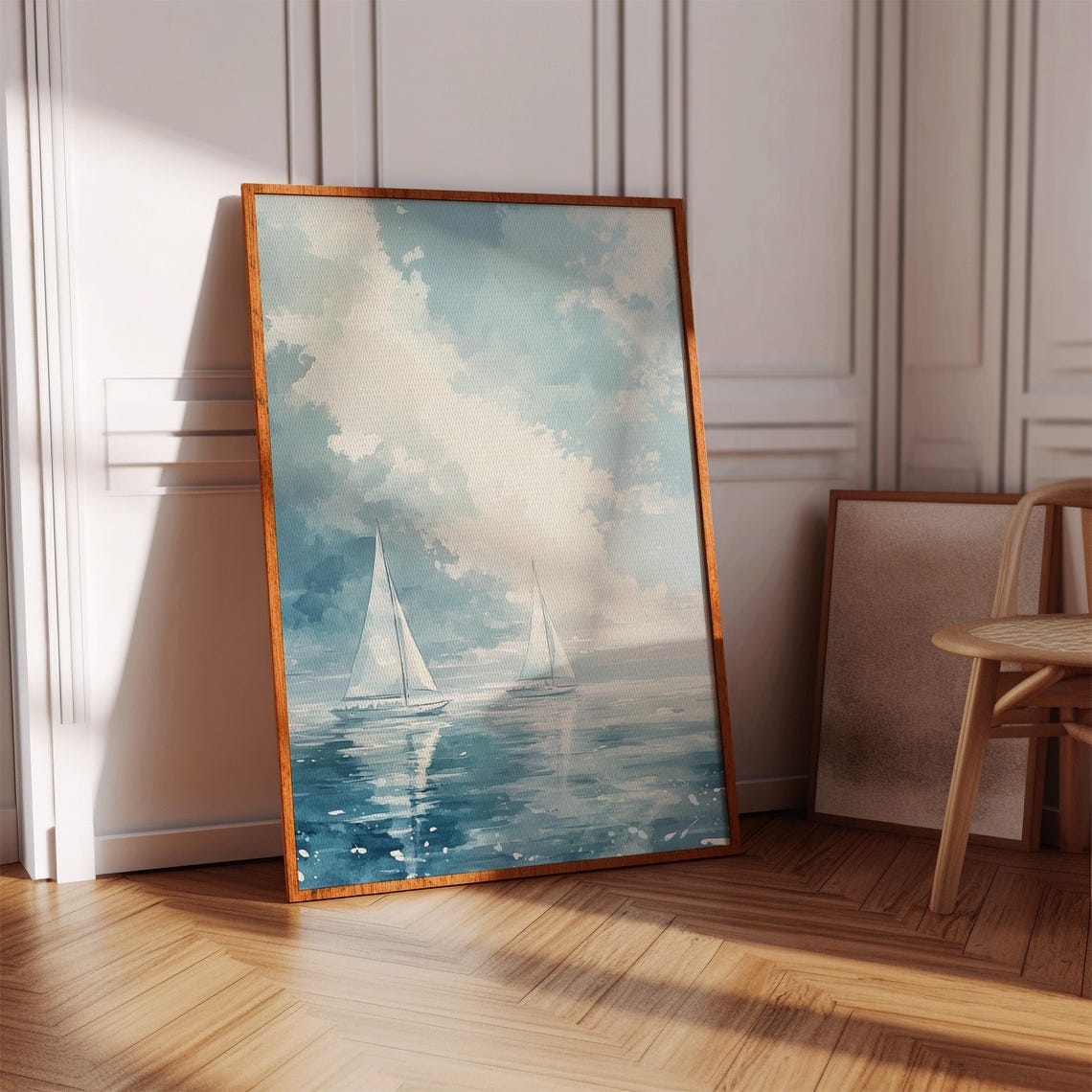 Small Sailboats on Deep Blue Sea Bright Watercolor Sky Poster