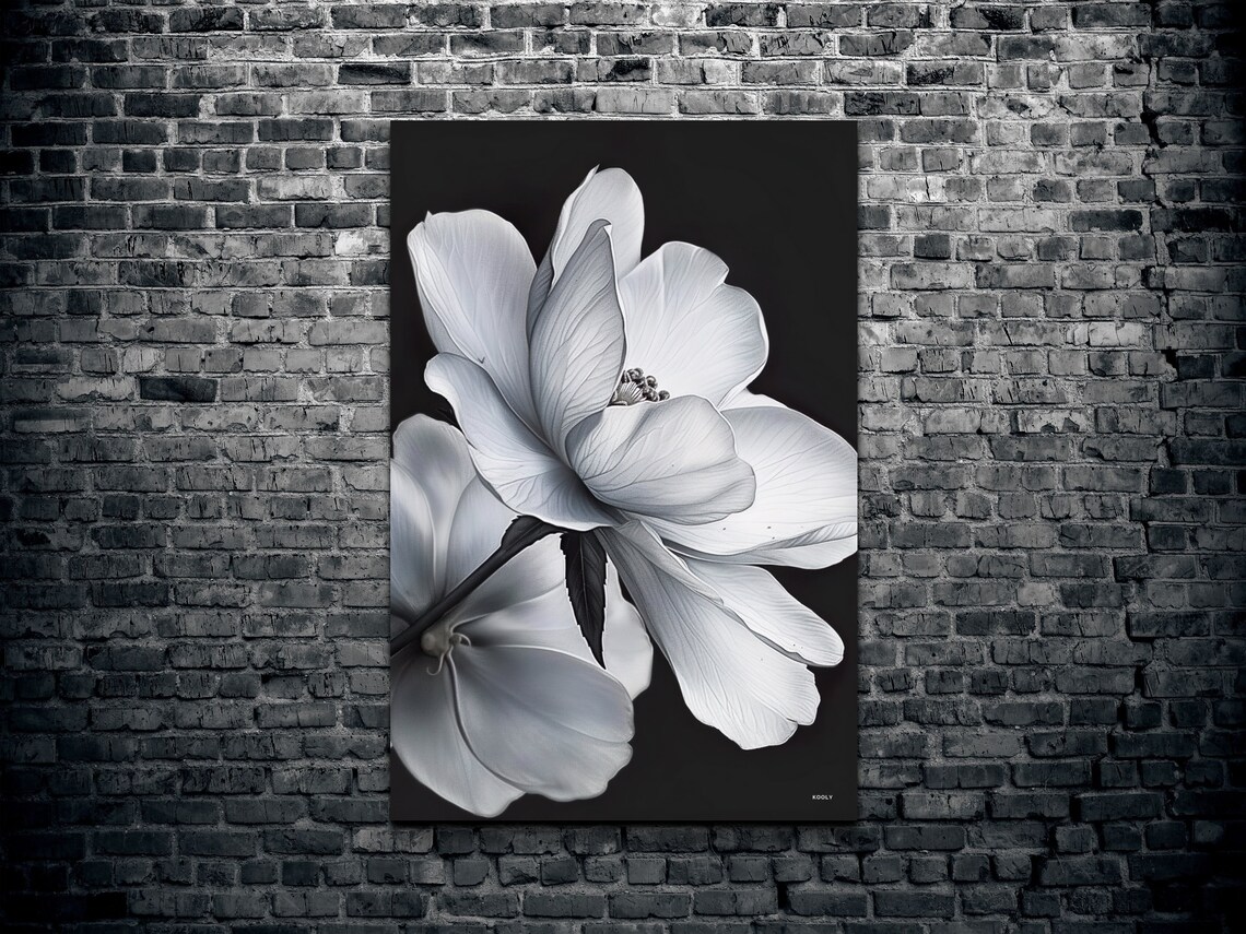 White Flowers Black Background Art Print - Image 2